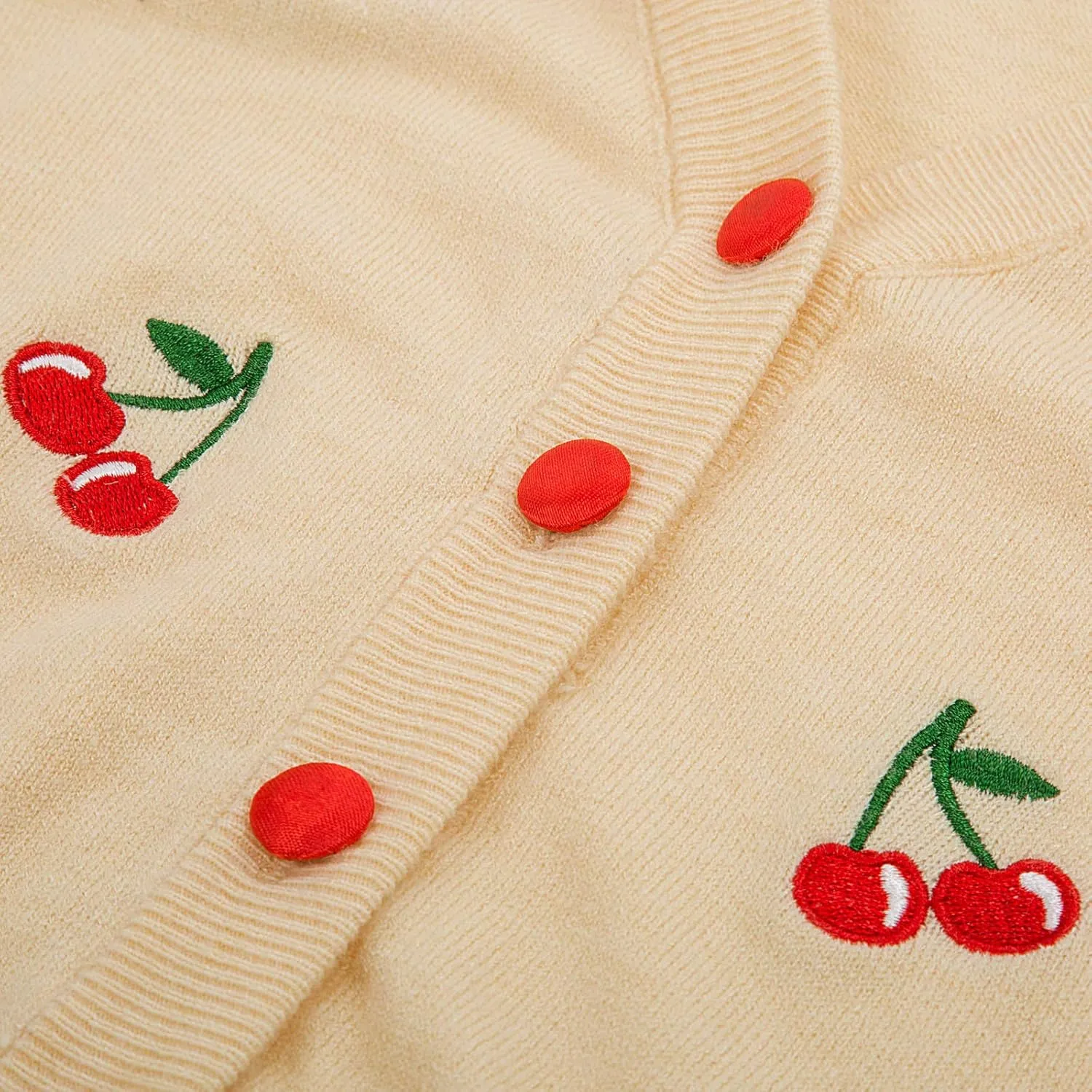 Belle Poque Women's 3/4 Sleeve V-Neck Button Down Cherries Embroidery Cropped Cardigan Sweater Coat