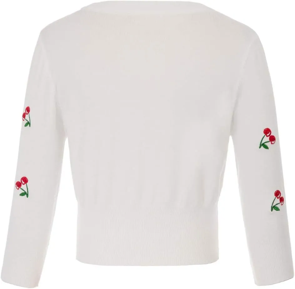 Belle Poque Women's 3/4 Sleeve V-Neck Button Down Cherries Embroidery Cropped Cardigan Sweater Coat
