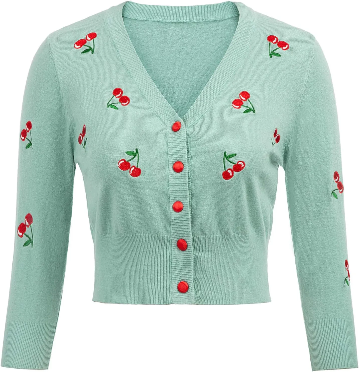 Belle Poque Women's 3/4 Sleeve V-Neck Button Down Cherries Embroidery Cropped Cardigan Sweater Coat