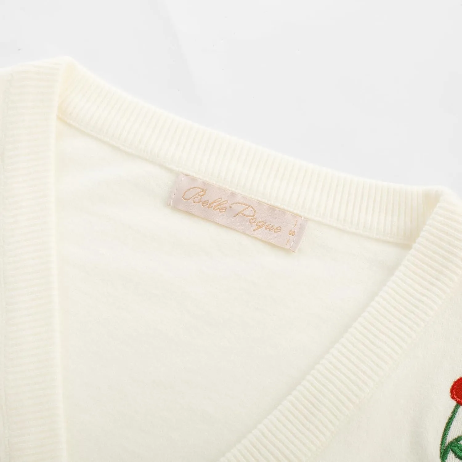 Belle Poque Women's 3/4 Sleeve V-Neck Button Down Cherries Embroidery Cropped Cardigan Sweater Coat