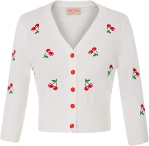 Belle Poque Women's 3/4 Sleeve V-Neck Button Down Cherries Embroidery Cropped Cardigan Sweater Coat
