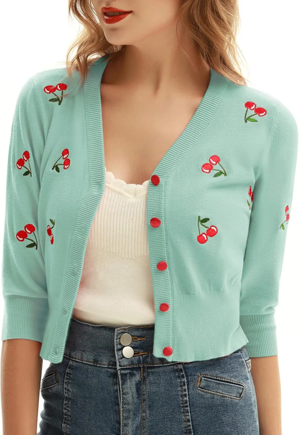 Belle Poque Women's 3/4 Sleeve V-Neck Button Down Cherries Embroidery Cropped Cardigan Sweater Coat