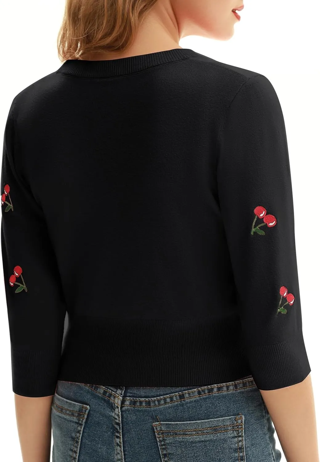 Belle Poque Women's 3/4 Sleeve V-Neck Button Down Cherries Embroidery Cropped Cardigan Sweater Coat