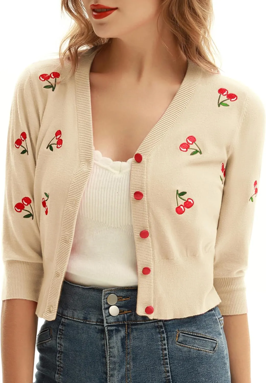 Belle Poque Women's 3/4 Sleeve V-Neck Button Down Cherries Embroidery Cropped Cardigan Sweater Coat