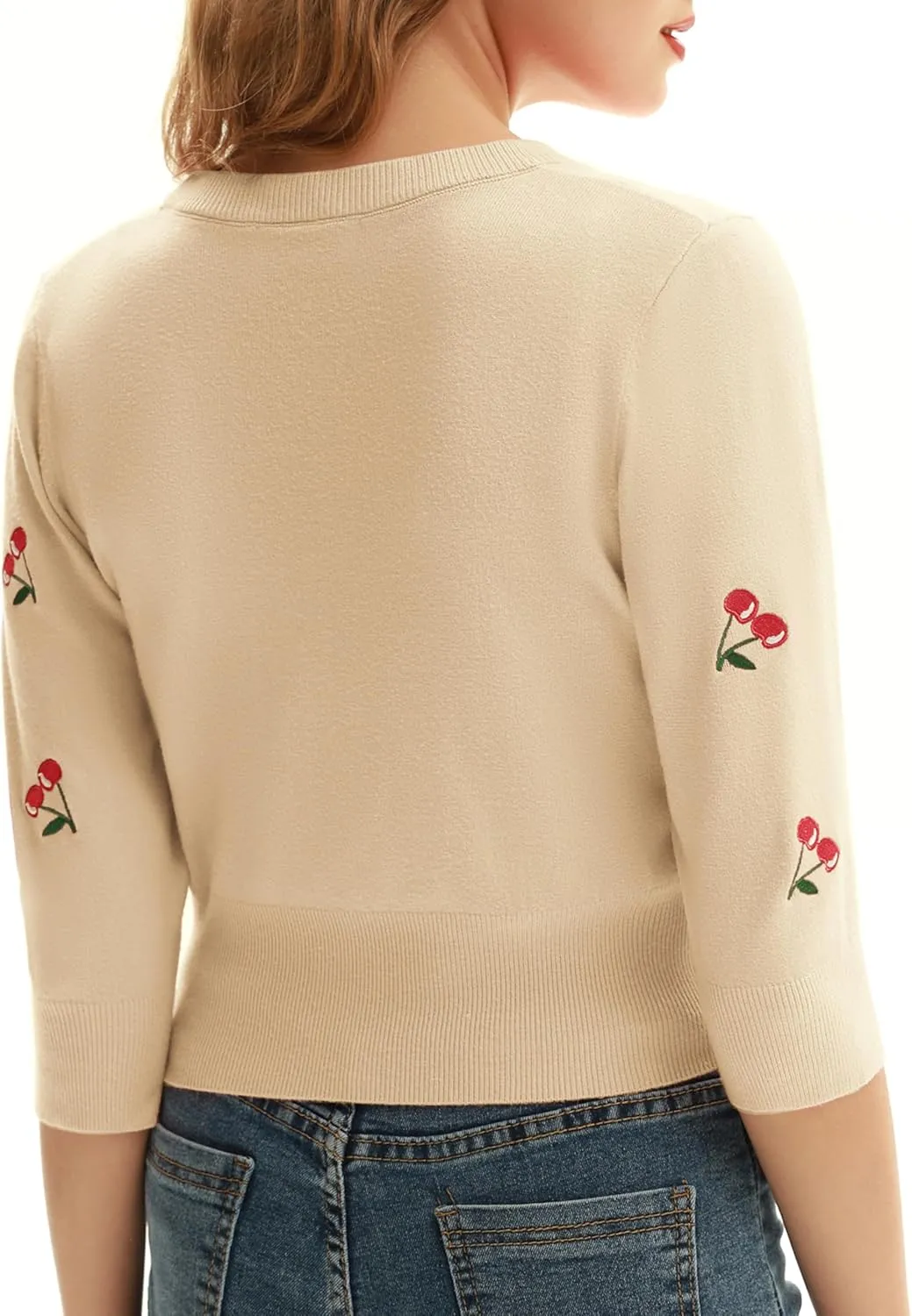 Belle Poque Women's 3/4 Sleeve V-Neck Button Down Cherries Embroidery Cropped Cardigan Sweater Coat