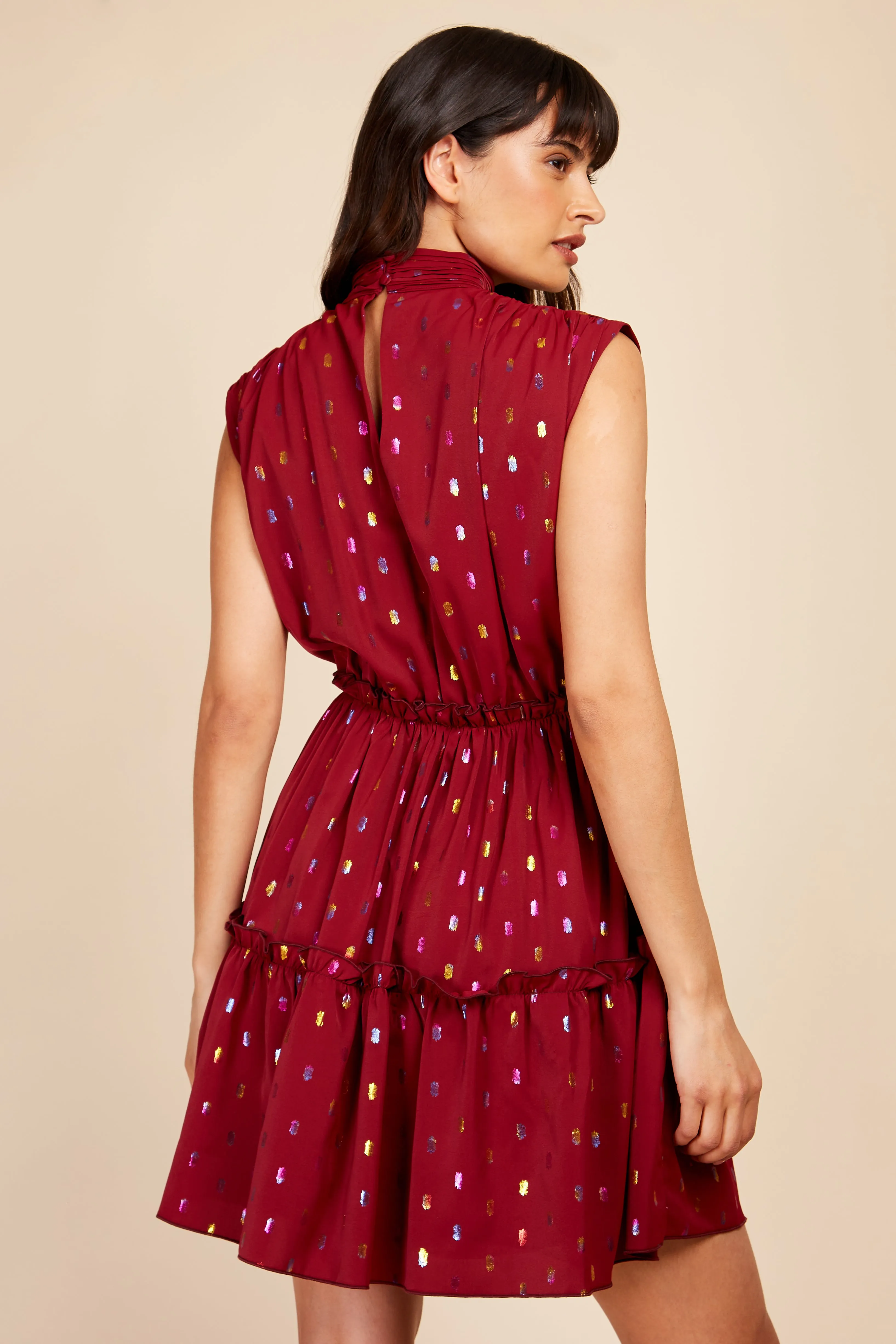 Berry Rainbow Foil Tiered Mini Dress