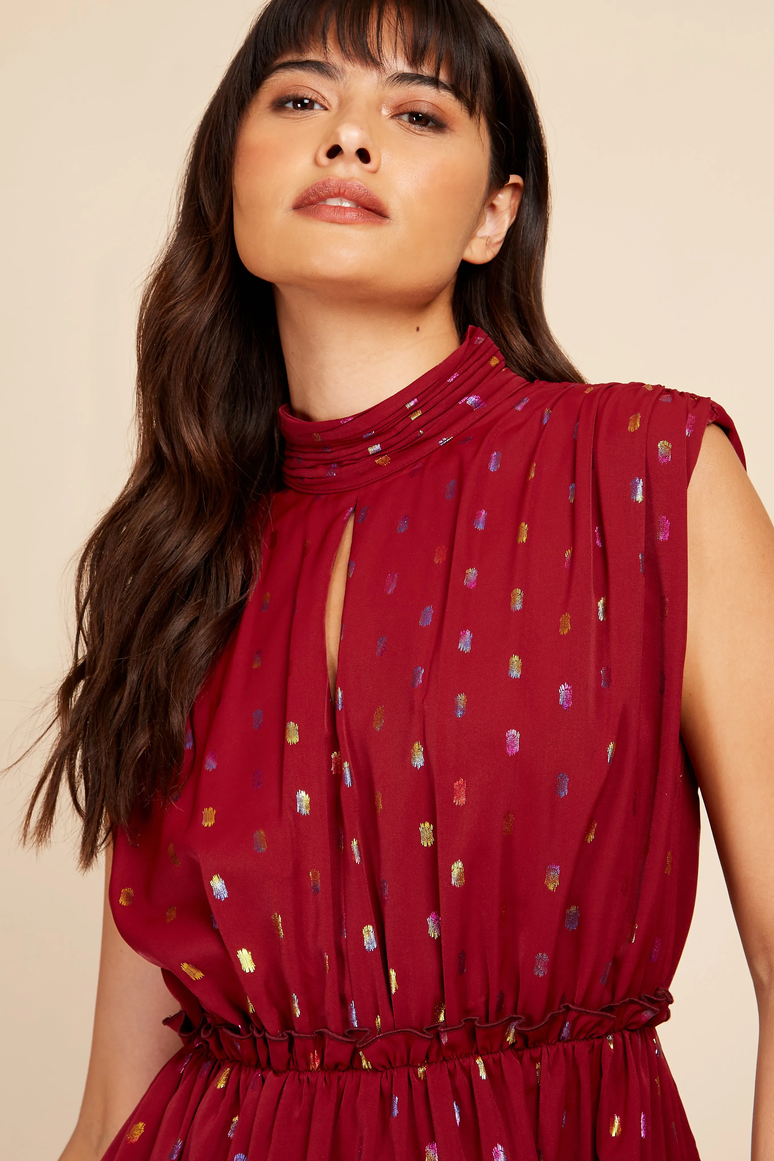 Berry Rainbow Foil Tiered Mini Dress