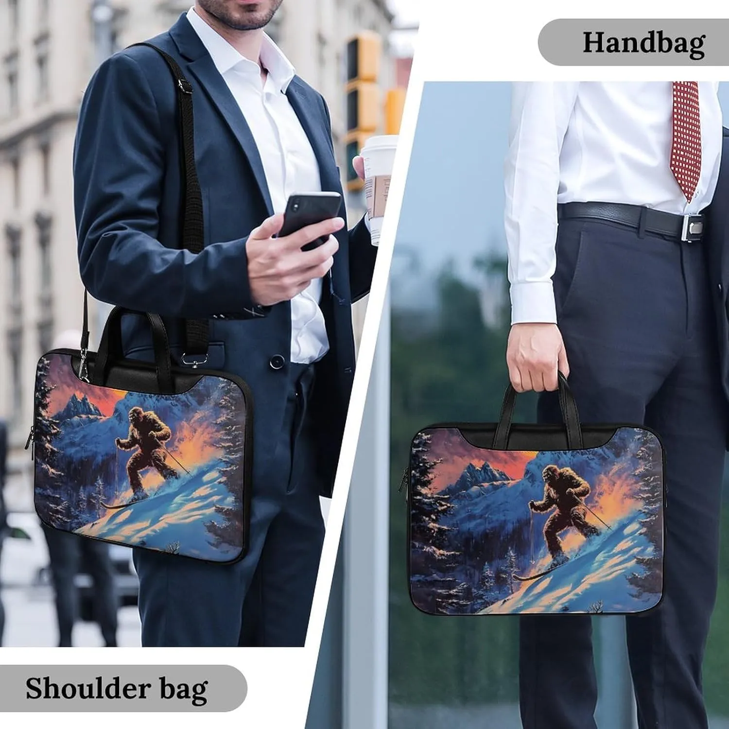 Bigfoot Skiing Deer Elks Leather Bag Laptop Case Slim Water Resistant Computer Bags with Handle Briefcase for Work