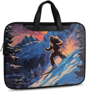 Bigfoot Skiing Deer Elks Leather Bag Laptop Case Slim Water Resistant Computer Bags with Handle Briefcase for Work