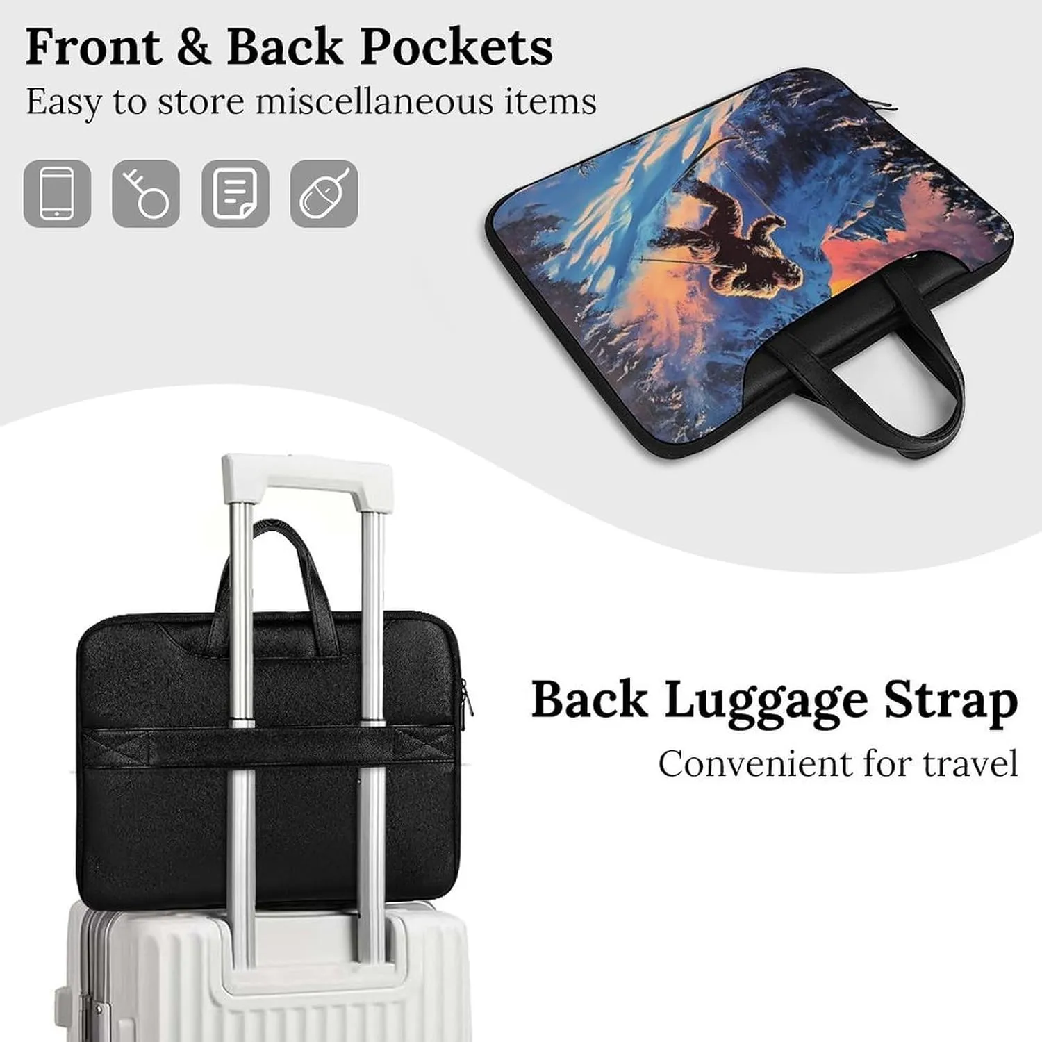 Bigfoot Skiing Deer Elks Leather Bag Laptop Case Slim Water Resistant Computer Bags with Handle Briefcase for Work