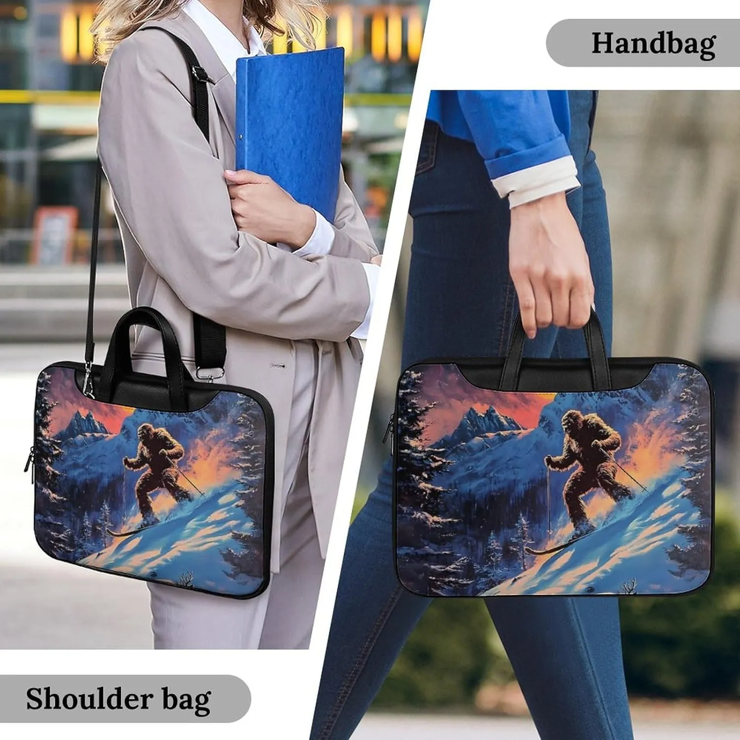 Bigfoot Skiing Deer Elks Leather Bag Laptop Case Slim Water Resistant Computer Bags with Handle Briefcase for Work