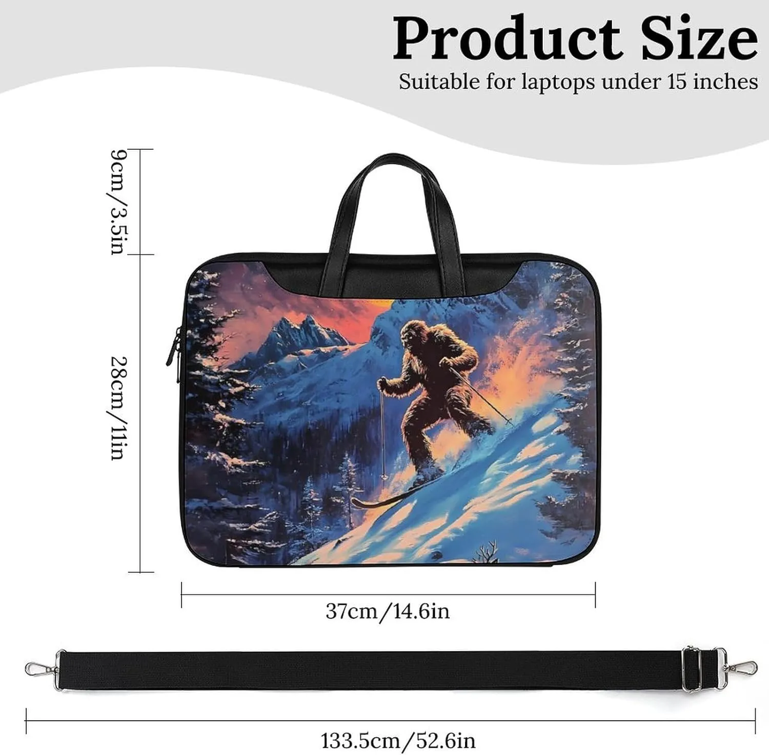 Bigfoot Skiing Deer Elks Leather Bag Laptop Case Slim Water Resistant Computer Bags with Handle Briefcase for Work