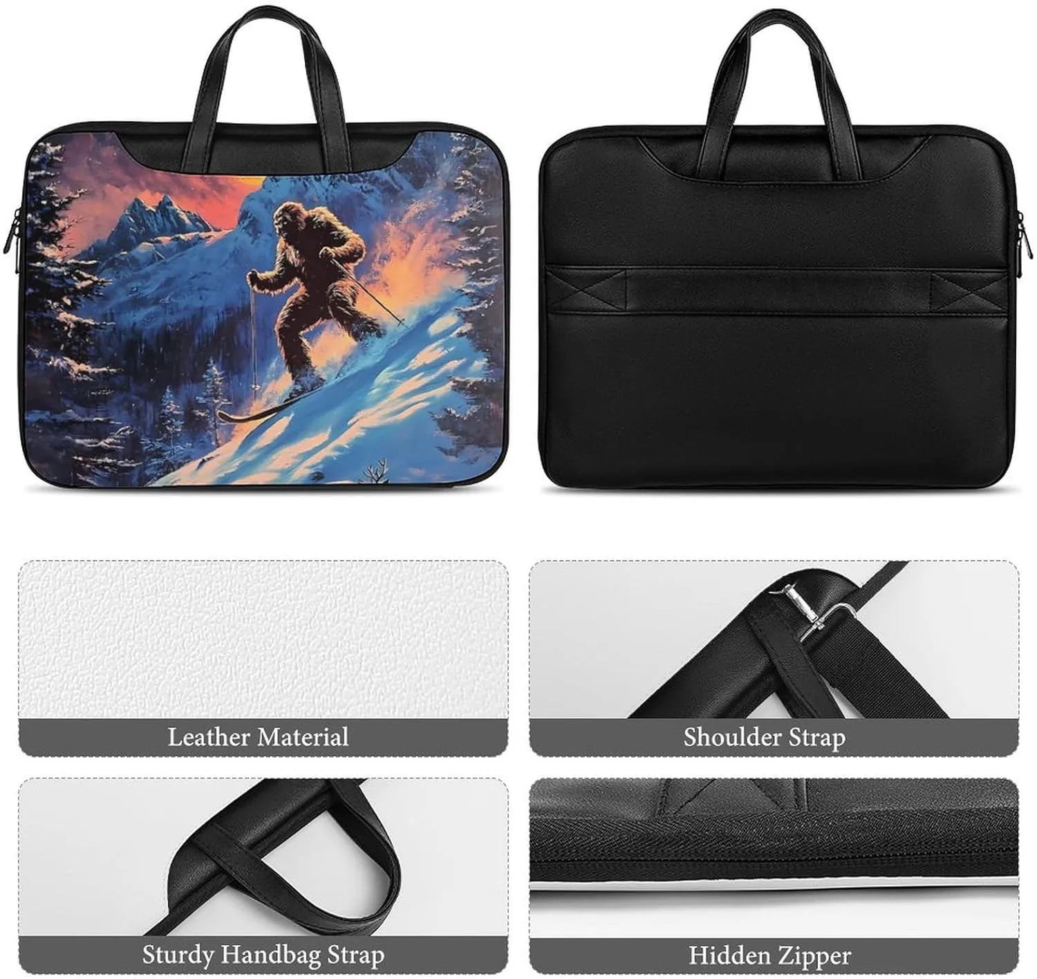 Bigfoot Skiing Deer Elks Leather Bag Laptop Case Slim Water Resistant Computer Bags with Handle Briefcase for Work