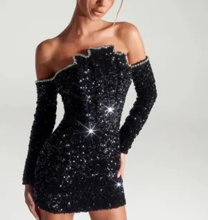 Black Slash Neck Sparkling Sequins Mini Dress