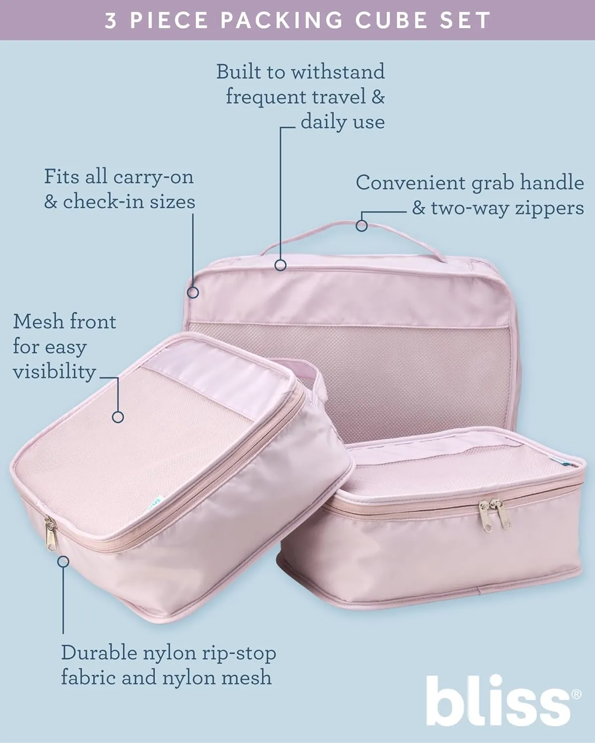 Bliss Travel Packing Cubes - 3 Pack/4 Pack/5 Pack Compact Suitcase Organizer, Durable Mesh Front Travel Cubes for Packing, Organizer Bags for Clothes, Toiletries, Cosmetics, Laundry, 3PC Mauve