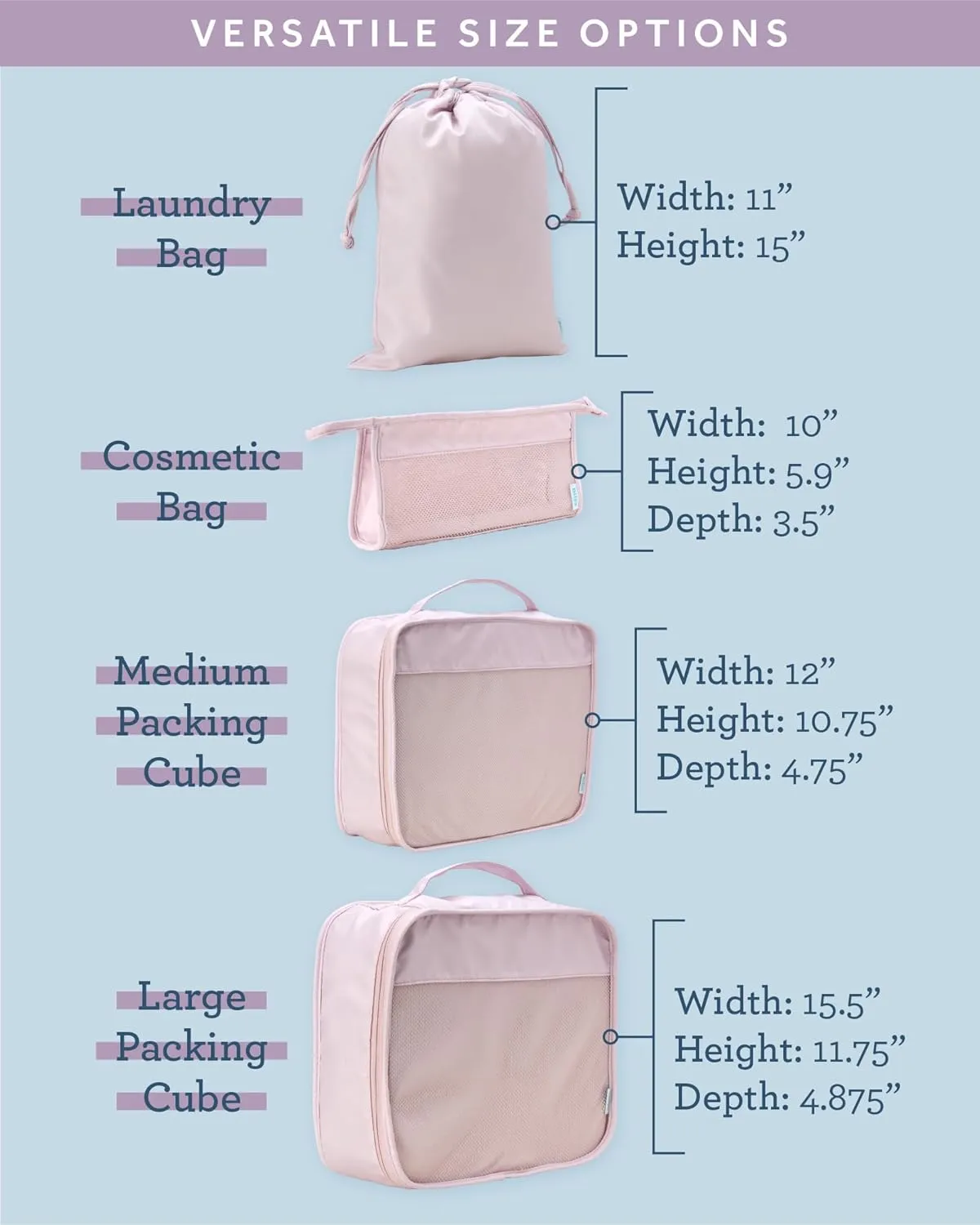 Bliss Travel Packing Cubes - 3 Pack/4 Pack/5 Pack Compact Suitcase Organizer, Durable Mesh Front Travel Cubes for Packing, Organizer Bags for Clothes, Toiletries, Cosmetics, Laundry, 4PC Mauve