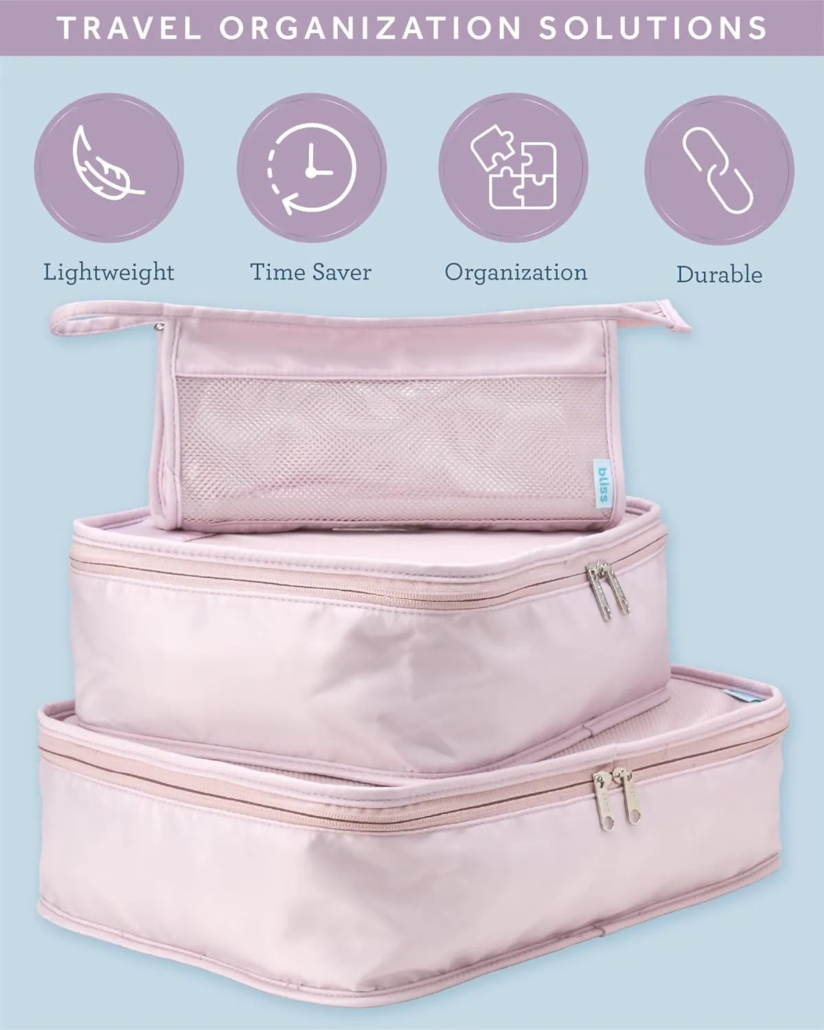 Bliss Travel Packing Cubes - 3 Pack/4 Pack/5 Pack Compact Suitcase Organizer, Durable Mesh Front Travel Cubes for Packing, Organizer Bags for Clothes, Toiletries, Cosmetics, Laundry, 4PC Mauve