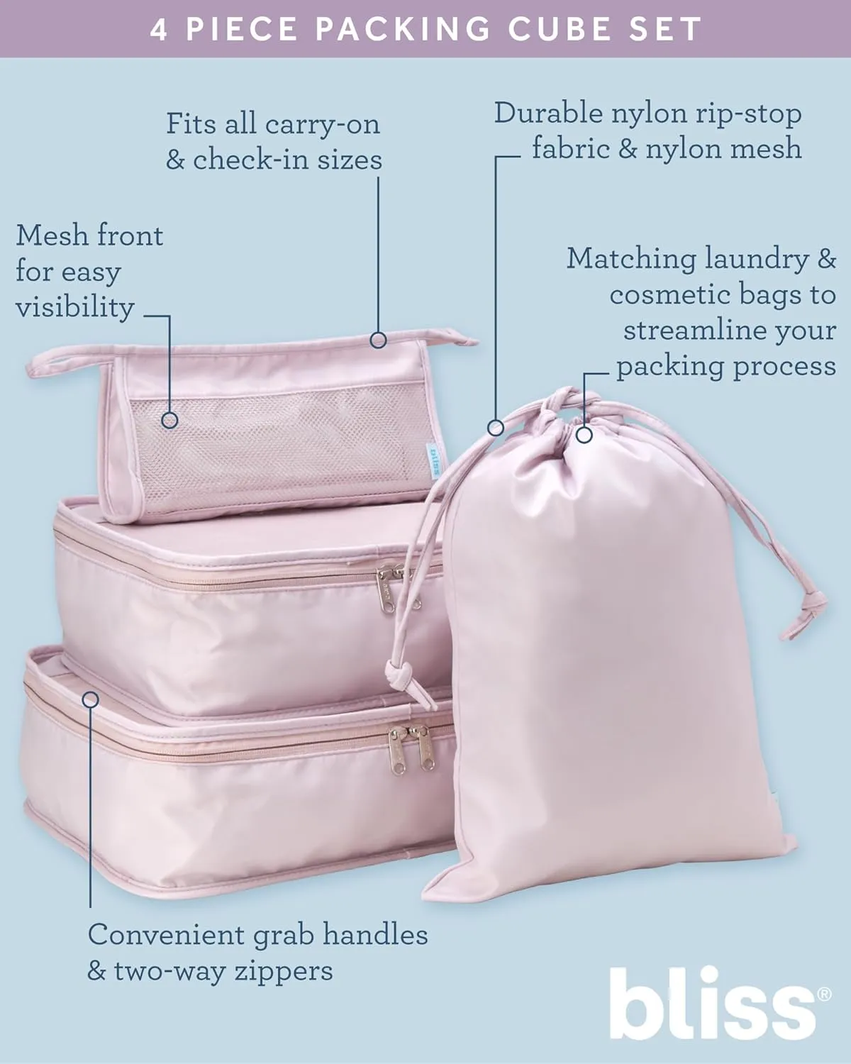 Bliss Travel Packing Cubes - 3 Pack/4 Pack/5 Pack Compact Suitcase Organizer, Durable Mesh Front Travel Cubes for Packing, Organizer Bags for Clothes, Toiletries, Cosmetics, Laundry, 4PC Mauve