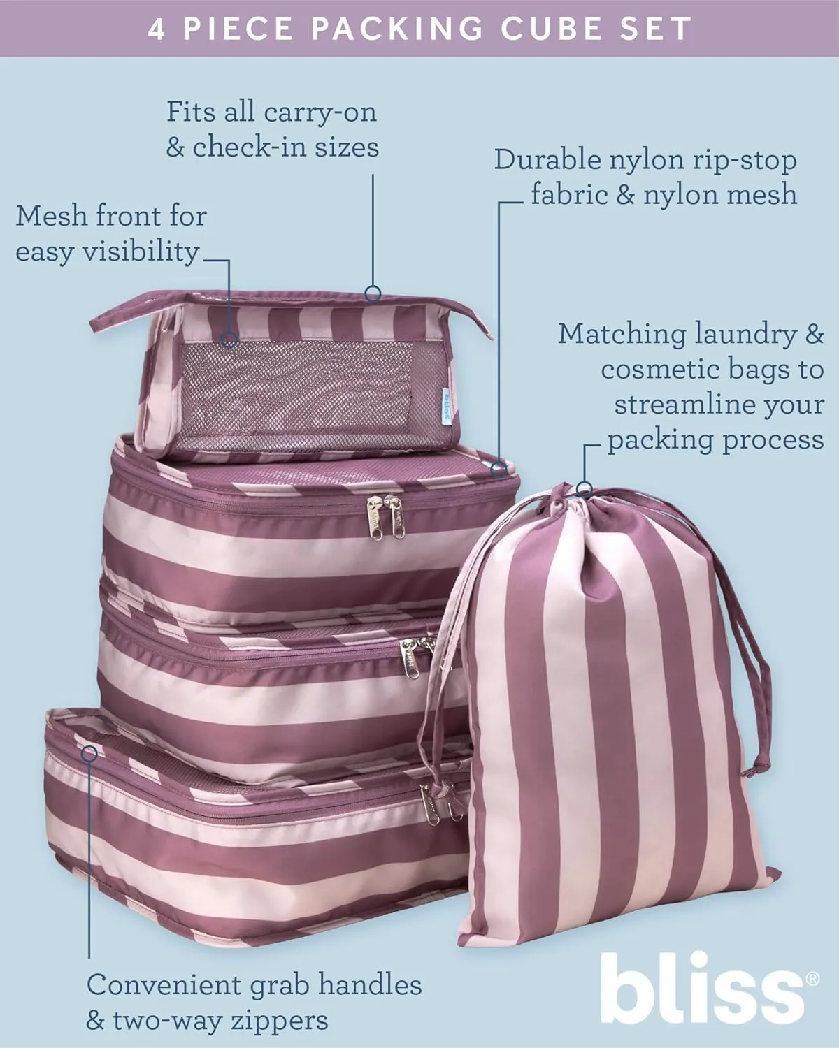 Bliss Travel Packing Cubes - 3 Pack/4 Pack/5 Pack Compact Suitcase Organizer, Durable Mesh Front Travel Cubes for Packing, Organizer Bags for Clothes, Toiletries, Cosmetics, Laundry, 5PC Pink Gaze