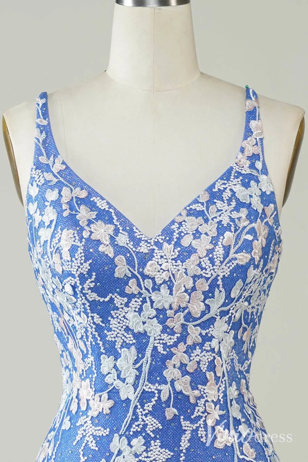 Blue Lace Applique Homecoming Dresses Floral V-Neck Bodycon Dress S24076