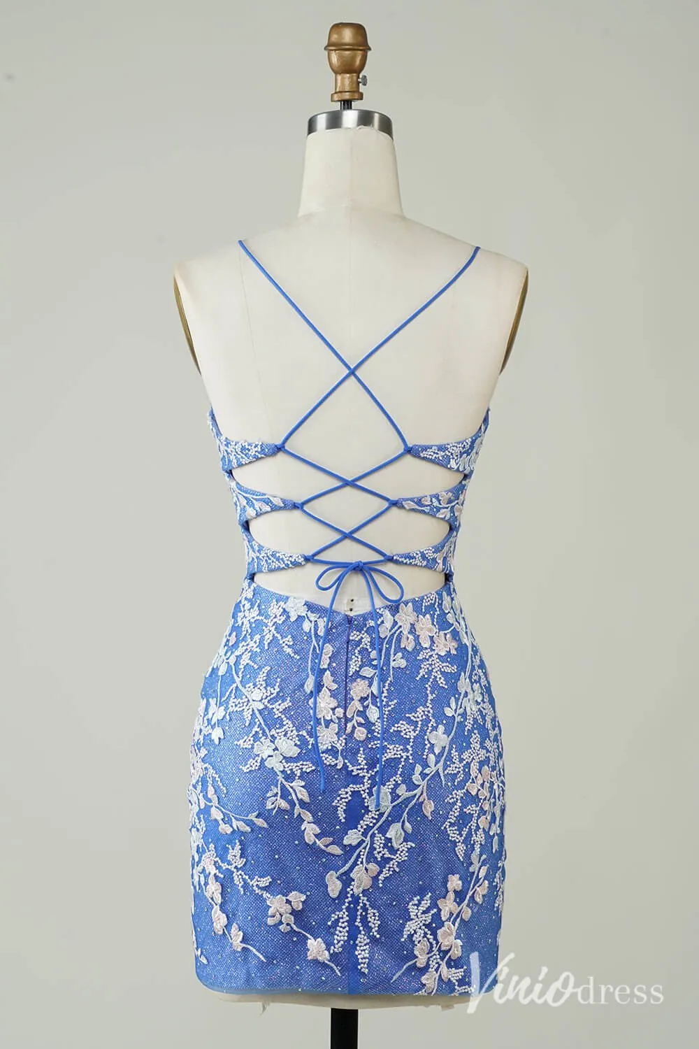 Blue Lace Applique Homecoming Dresses Floral V-Neck Bodycon Dress S24076