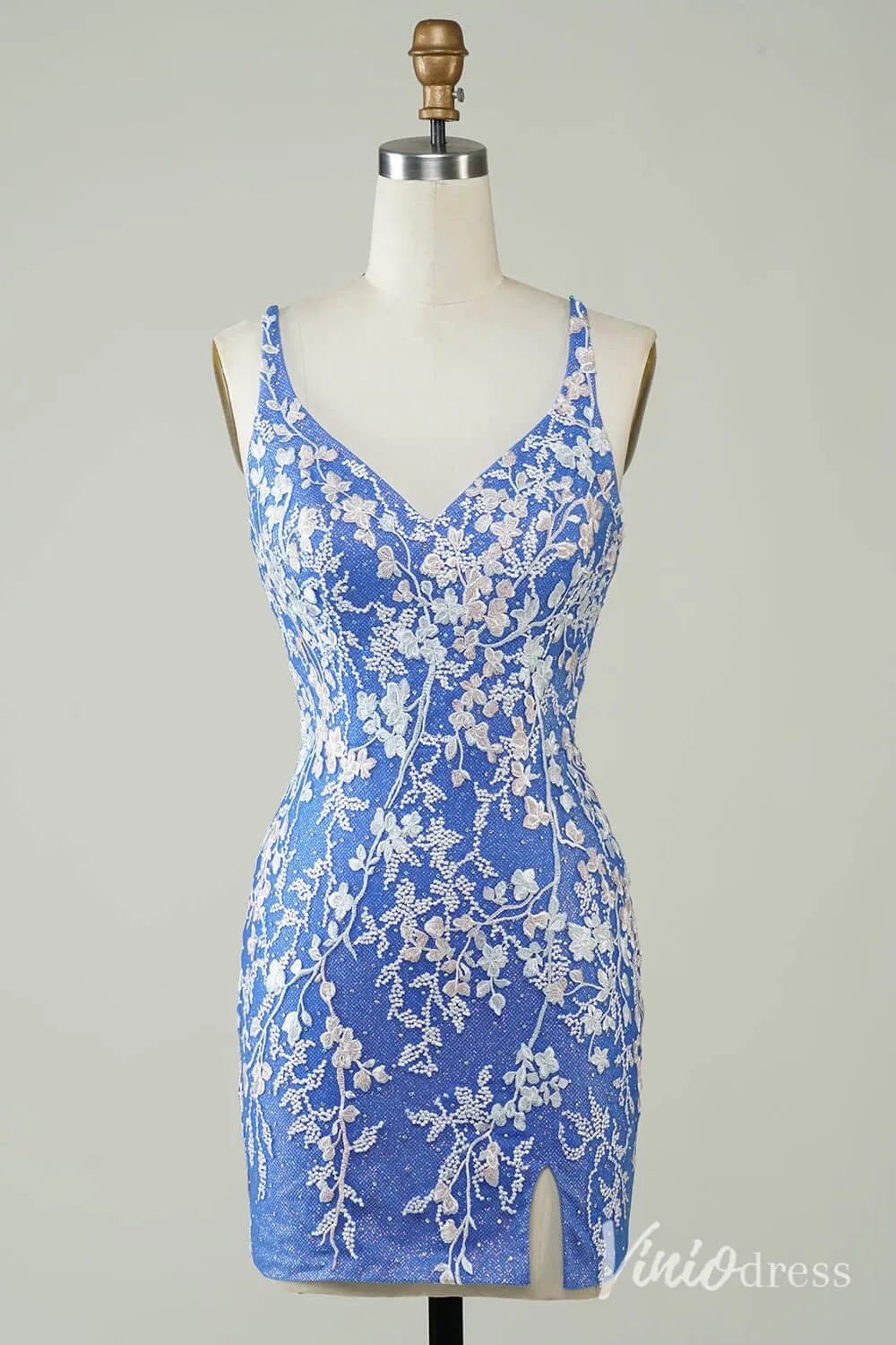 Blue Lace Applique Homecoming Dresses Floral V-Neck Bodycon Dress S24076