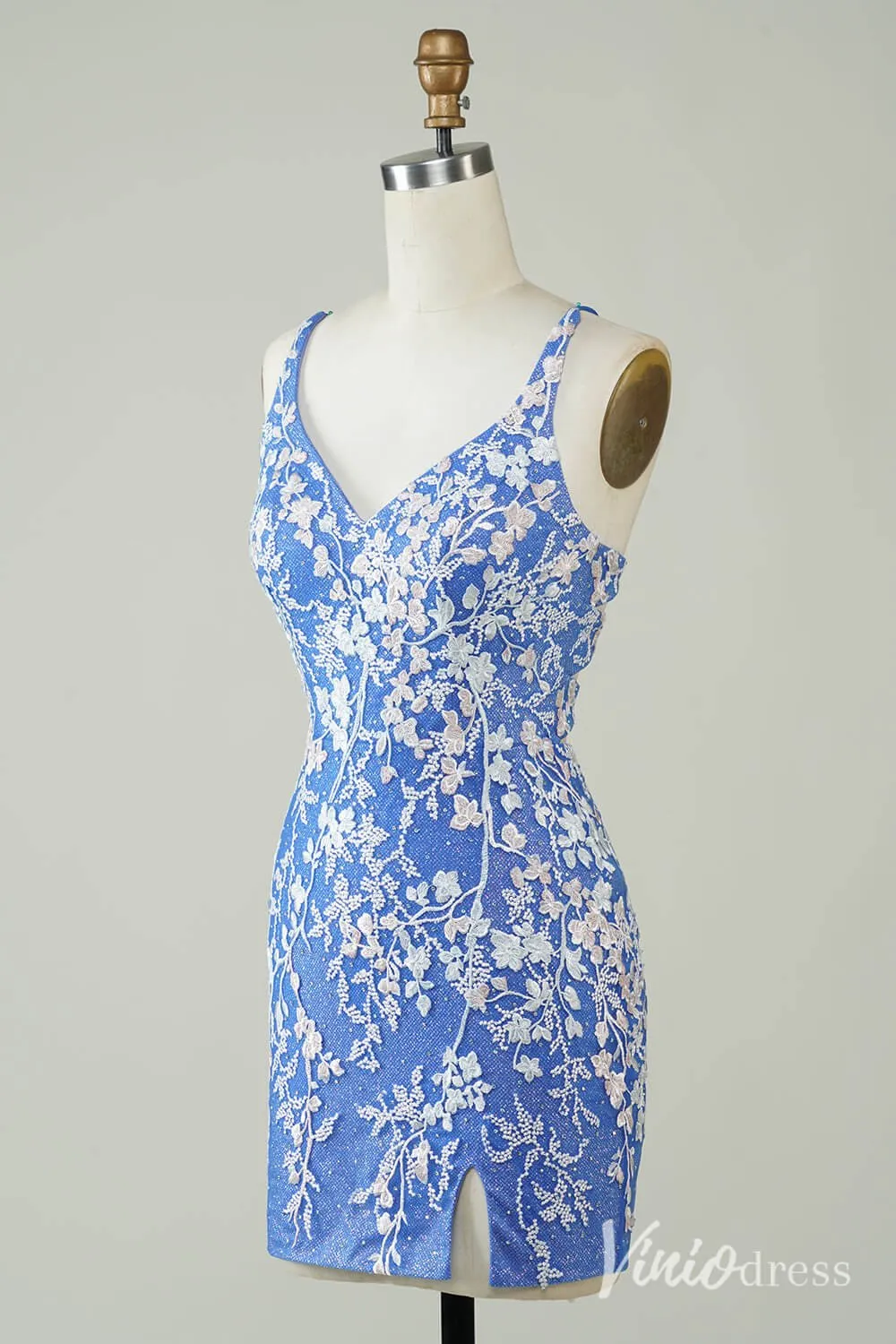 Blue Lace Applique Homecoming Dresses Floral V-Neck Bodycon Dress S24076