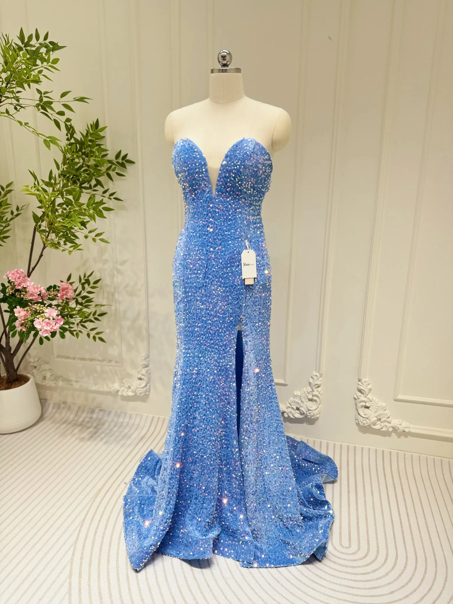 Blue Mermaid Sequin Prom Dress with Long Sleeve, Slit, and Sweetheart Neck FD3459