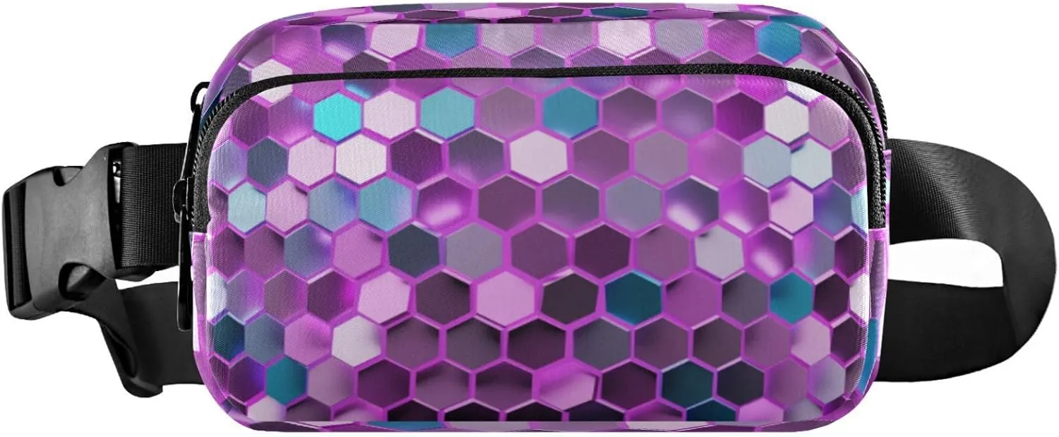 Blue Pink Honeycomb Belt Bag for Women Men Honey Geometric Mosaic Fanny Pack Small Waist Pouch Crossbody Bags for Outdoor Hiking Running Travel