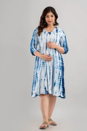 Blue Rayon Shibori Tie-Dye Maternity & Feeding Dress