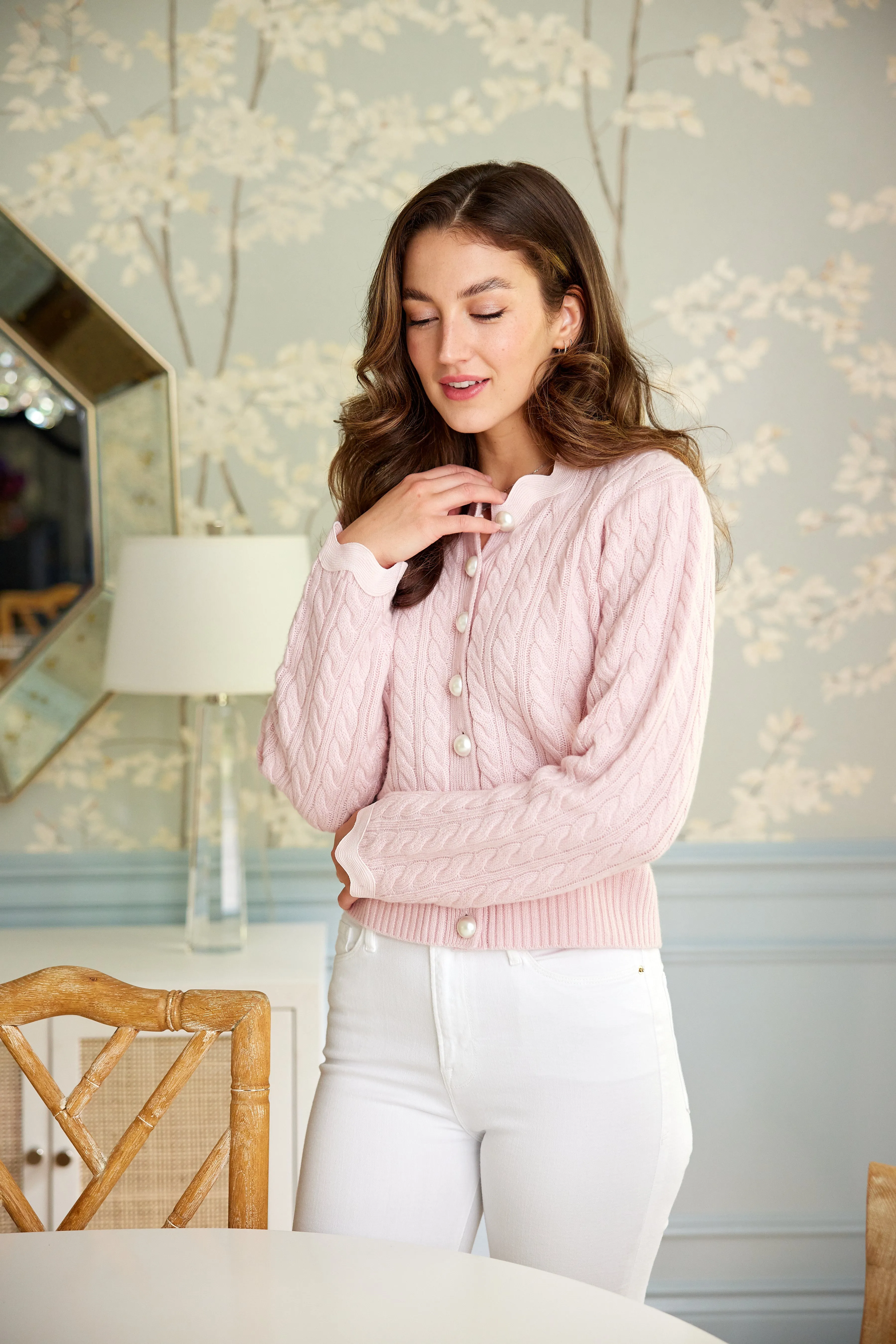 Blush Cable Knit Cardigan with Ric-Rac Trim