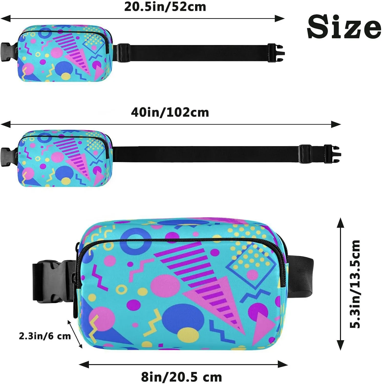 Boccsty Blue Geometric 80s Belt Bag for Women Men Fanny Pack Small Waist Pouch Crossbody Bags for Outdoor Hiking Running Travel