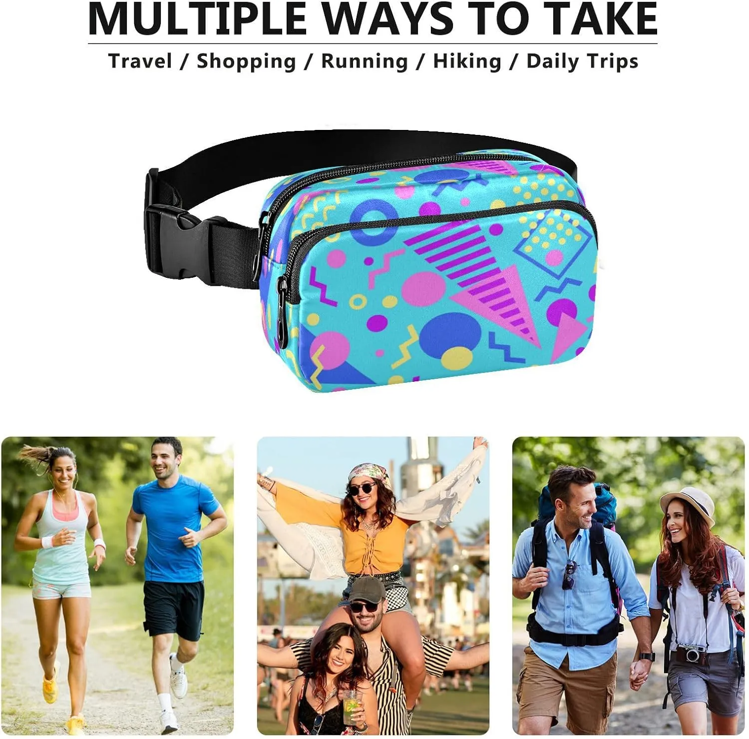 Boccsty Blue Geometric 80s Belt Bag for Women Men Fanny Pack Small Waist Pouch Crossbody Bags for Outdoor Hiking Running Travel