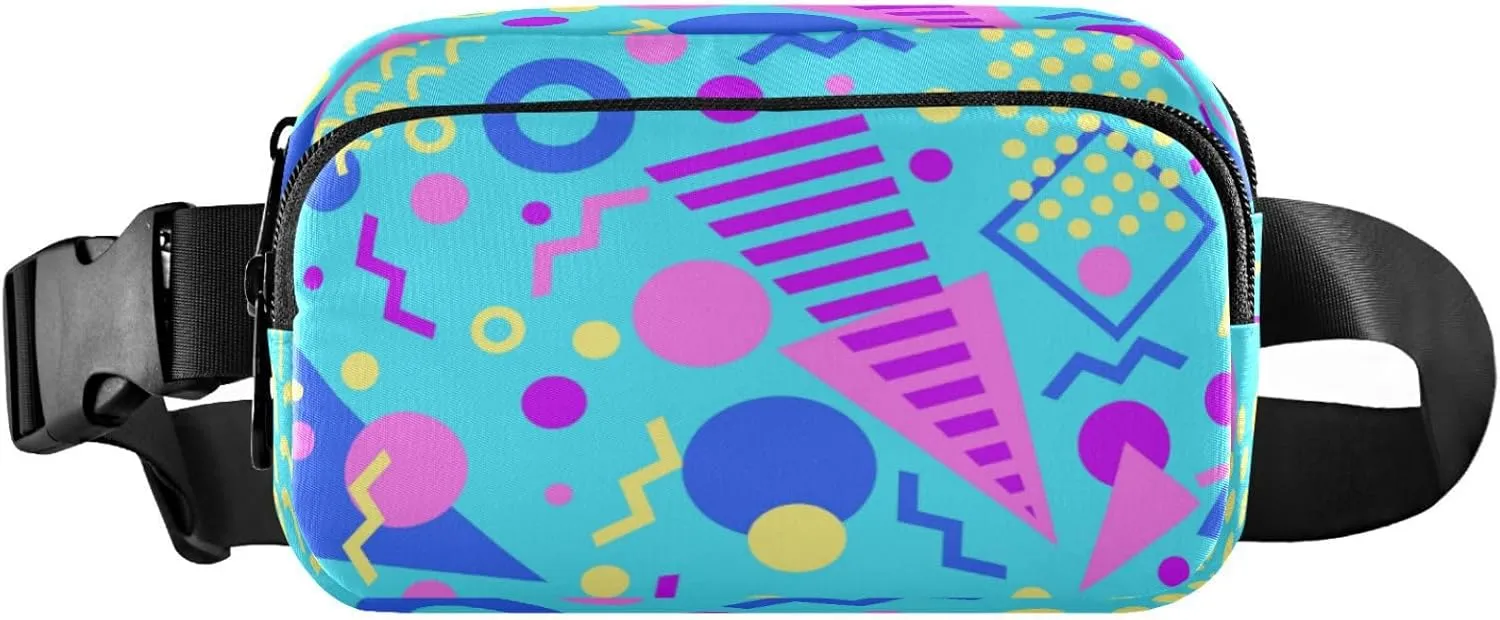 Boccsty Blue Geometric 80s Belt Bag for Women Men Fanny Pack Small Waist Pouch Crossbody Bags for Outdoor Hiking Running Travel