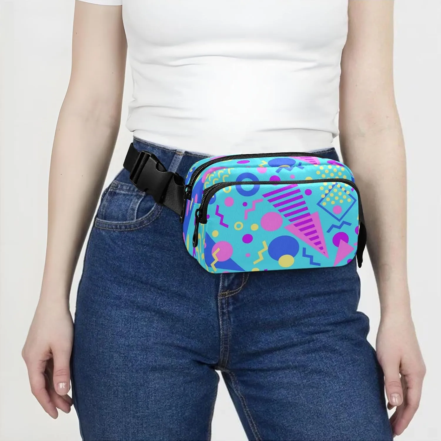 Boccsty Blue Geometric 80s Belt Bag for Women Men Fanny Pack Small Waist Pouch Crossbody Bags for Outdoor Hiking Running Travel
