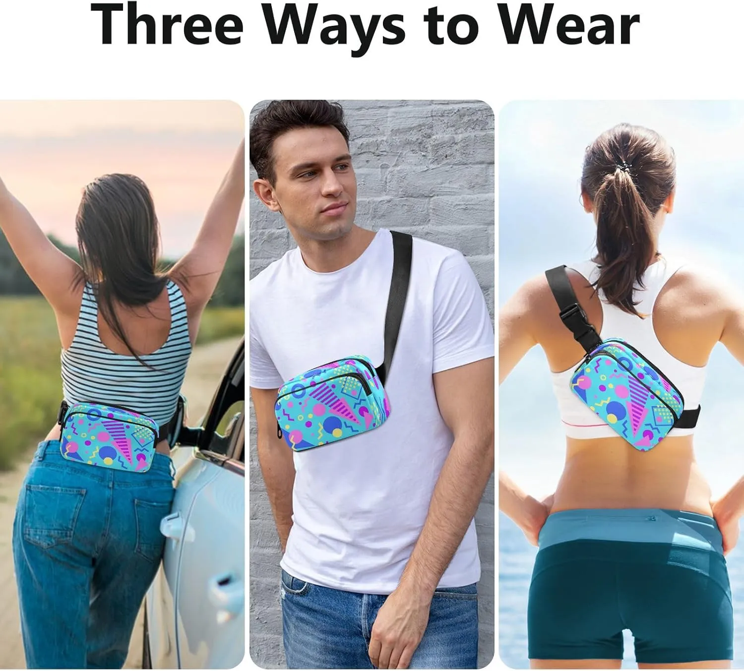Boccsty Blue Geometric 80s Belt Bag for Women Men Fanny Pack Small Waist Pouch Crossbody Bags for Outdoor Hiking Running Travel