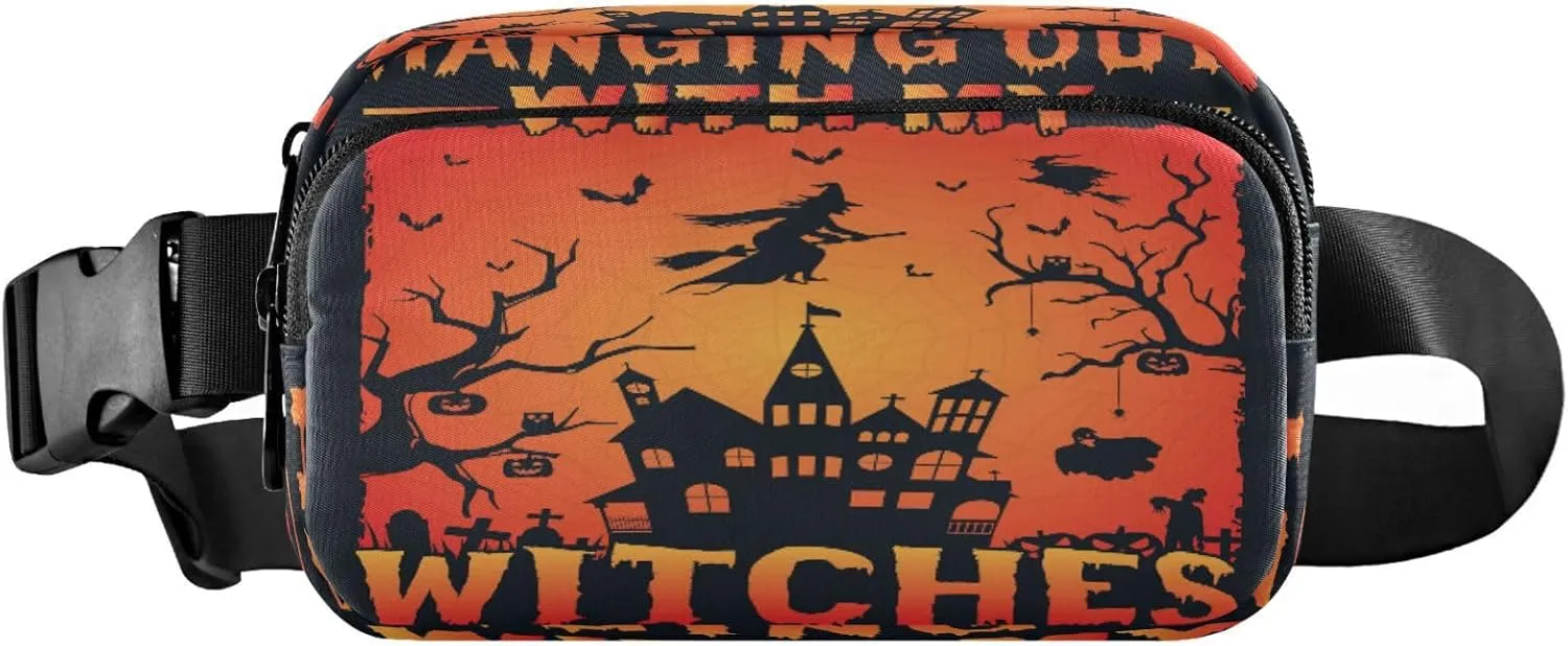 Boccsty Halloween Witches Belt Bag for Women Men Trick Or Treat Pumpkin Bats Fanny Pack Small Waist Pouch Crossbody Bags for Outdoor Hiking Running Travel