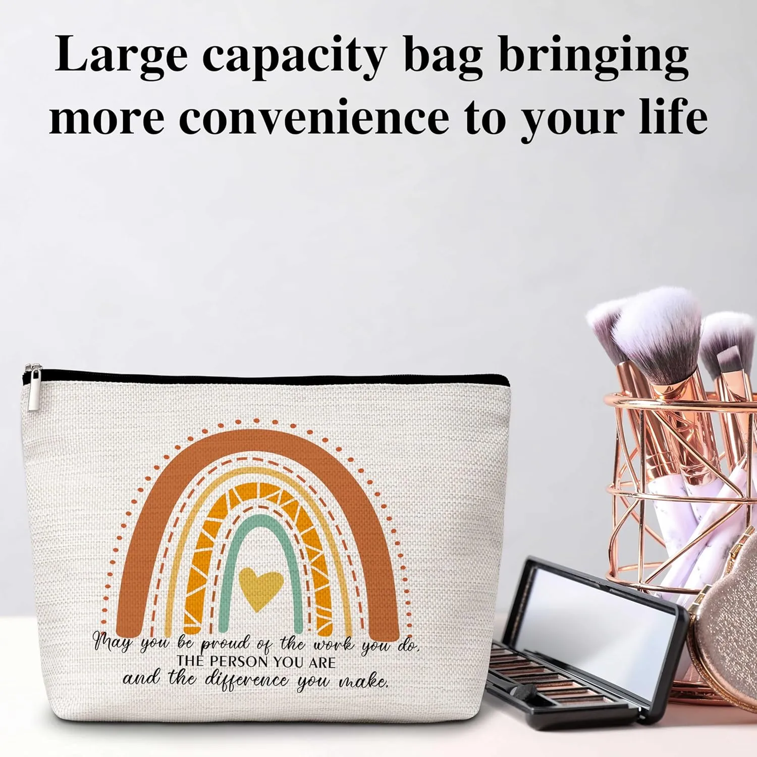 Boho Rainbow Makeup Bag, Thank You Gifts for Women Girl Mom Sister Friends Coworkers, Appreciation Gifts Travel Toiletry Waterproof Cosmetic Bag - A05