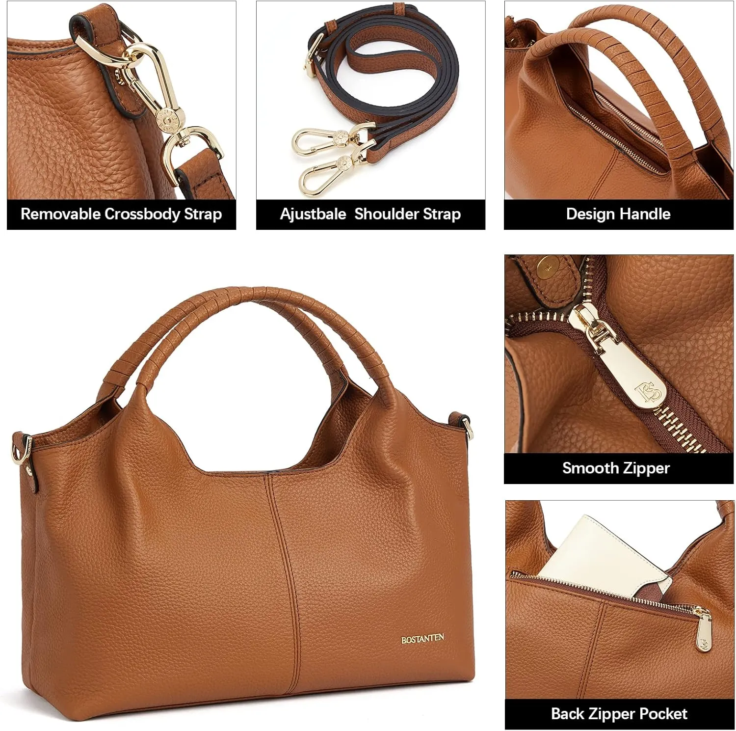 BOSTANTEN Genuine Leather Purses for Women Designer Handbags Crossbody Shoulder Bags Top Handle Satchel with Adjustable Strap