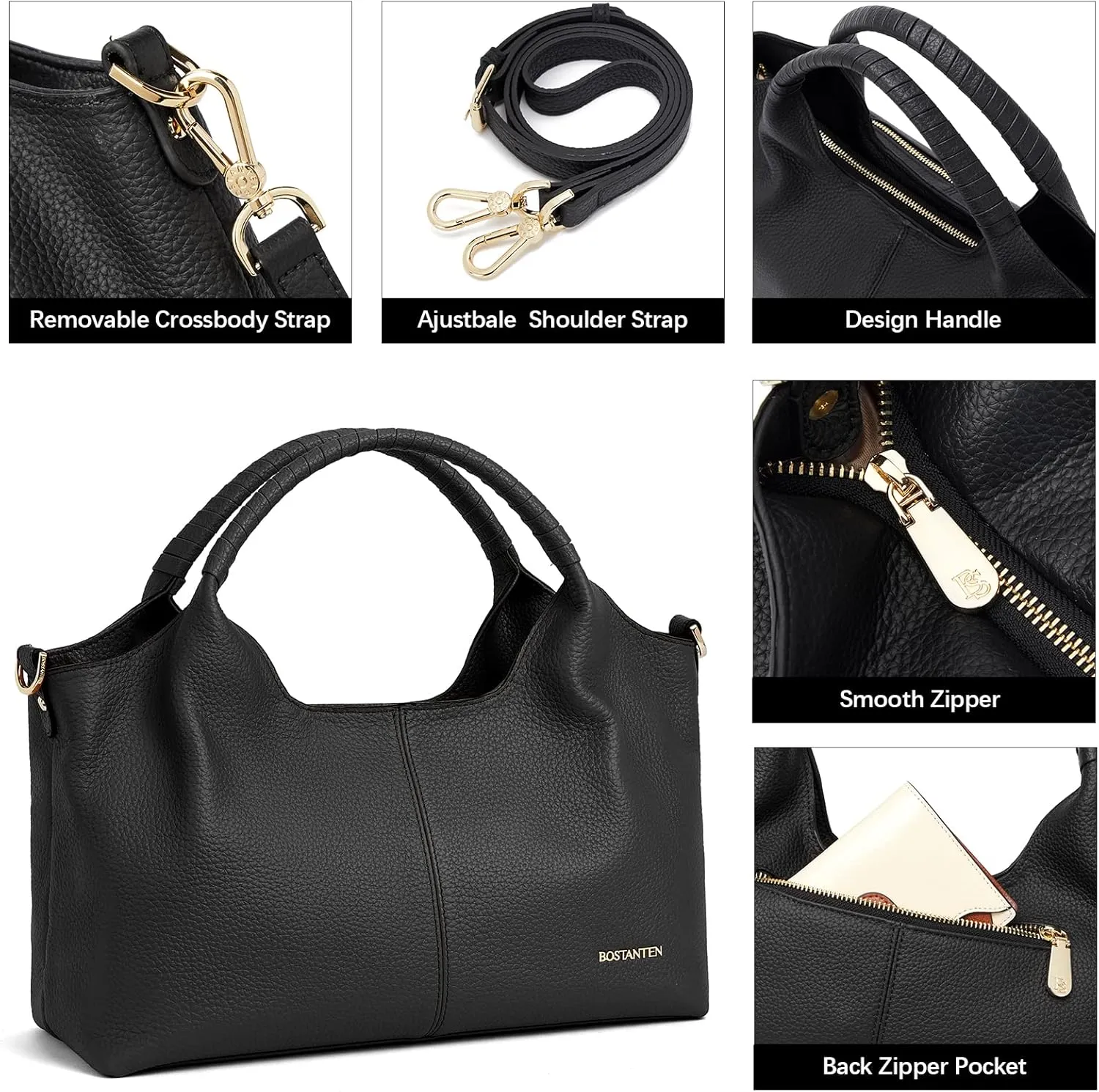 BOSTANTEN Genuine Leather Purses for Women Designer Handbags Crossbody Shoulder Bags Top Handle Satchel with Adjustable Strap