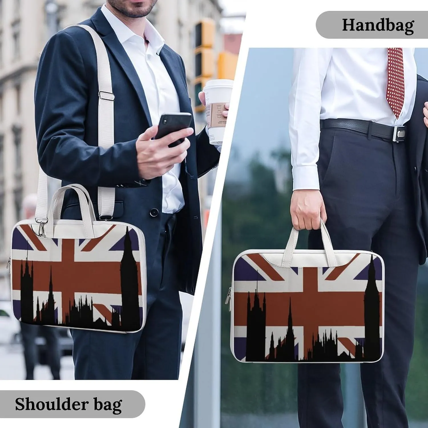 British Flag Building Silhouette Leather Bag Laptop Case Slim Water Resistant Computer Bags with Handle Briefcase for Work