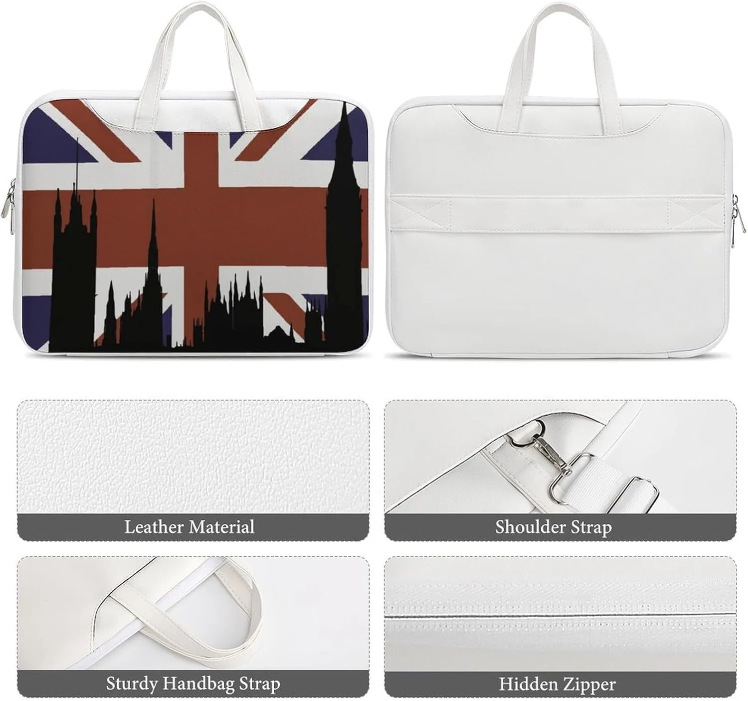 British Flag Building Silhouette Leather Bag Laptop Case Slim Water Resistant Computer Bags with Handle Briefcase for Work