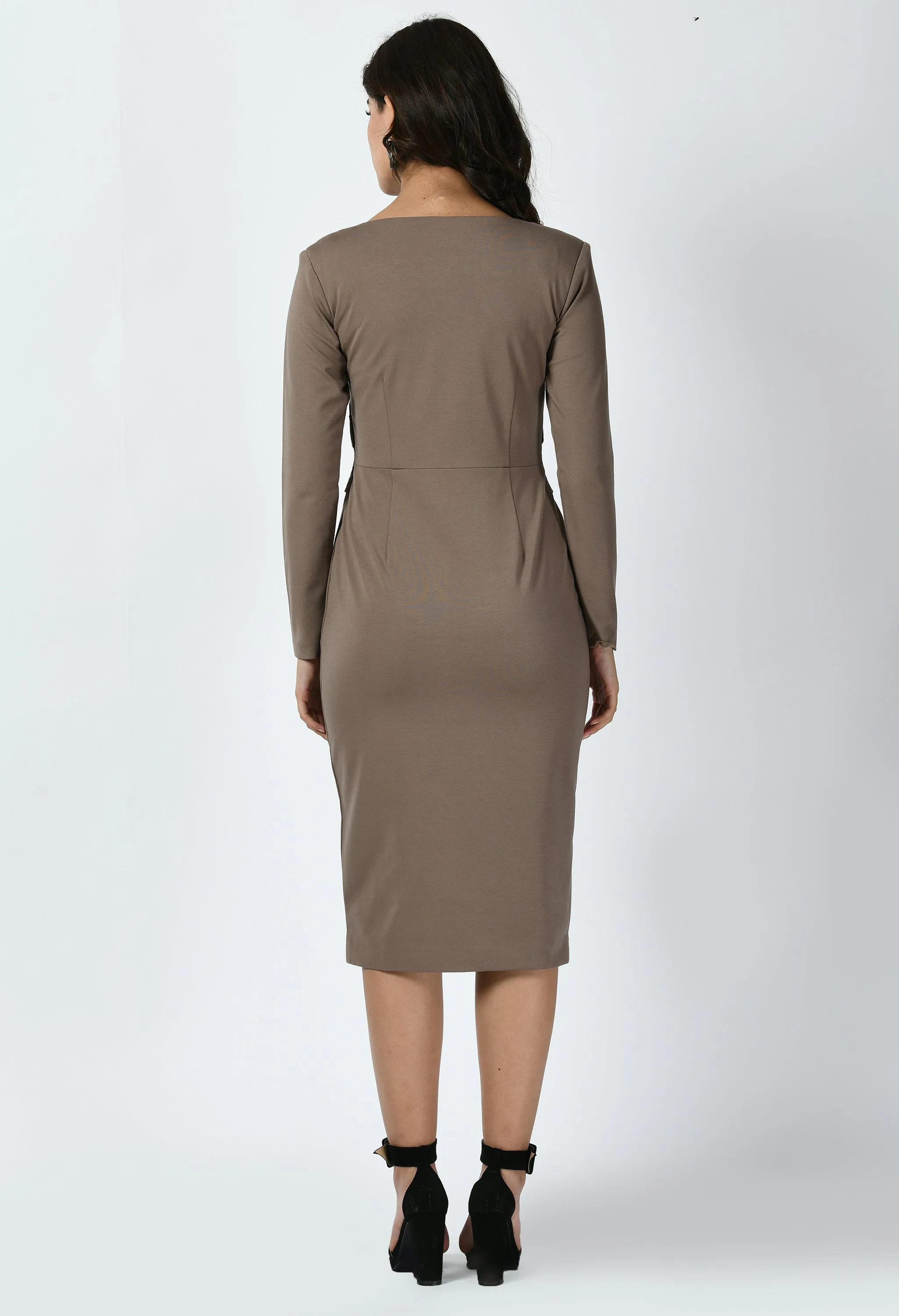 Camel Beige Pinnacle Padded Shoulder Sheath Dress