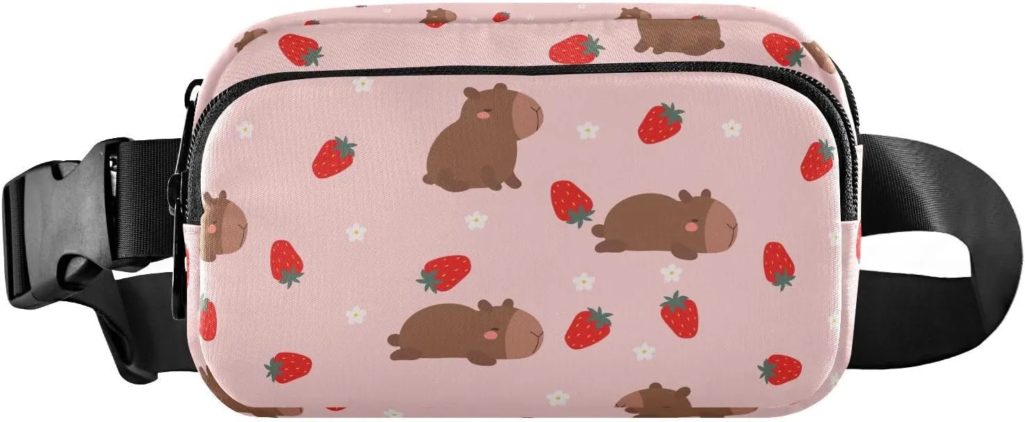 Capybaras Strawberry Pink Fanny Pack for Women Men Crossbody Belt Bag Fashion Waist Packs Purse with Adjustable Strap Bumbags for Cycling Running Hiking