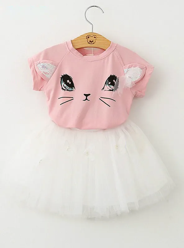 Cartoon Kitten Printed T-Shirts Net Veil Dress