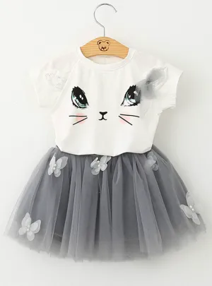 Cartoon Kitten Printed T-Shirts Net Veil Dress