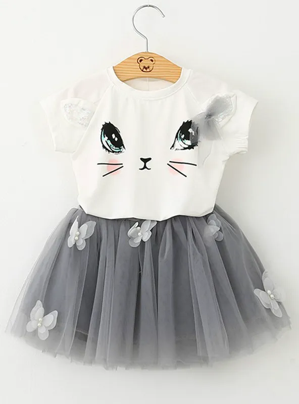 Cartoon Kitten Printed T-Shirts Net Veil Dress