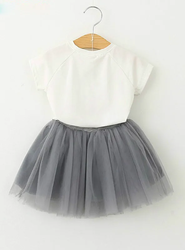 Cartoon Kitten Printed T-Shirts Net Veil Dress