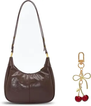 celestina Mini Brown Vegan Leather Shoulder Bag with Red Cherry Keychain  Retro Crescent Purse & Playful Charm Gift Set for Women, Ideal for Dates, Travel, and Everyday Use