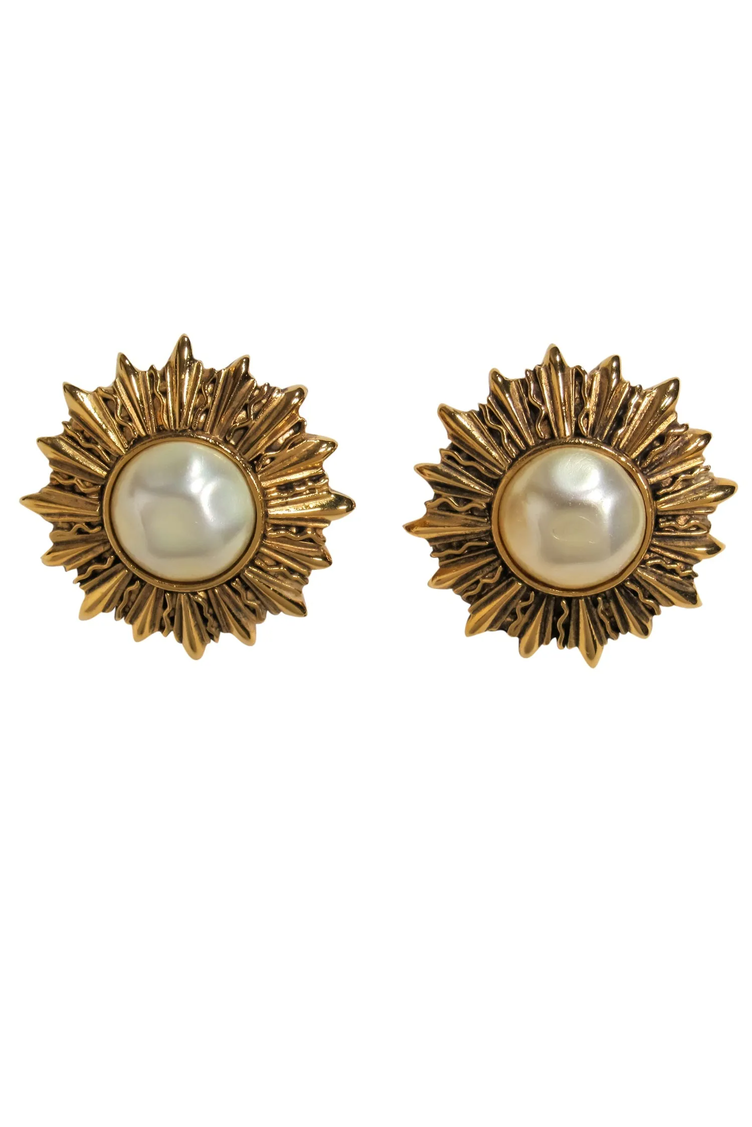 Chanel - Gold & Pearl Sun Design Clip-On Earrings